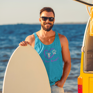 Live, Love, Beagle Unisex Jersey Tank in Aqua Triblend. The Live, Love, Beagle design features a dog running through a heart with the phrase "Live, Love, Beagle!" under it.