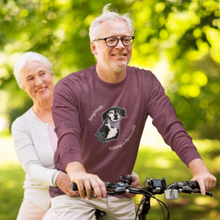 Signature Tattoo Flowers Crewneck Sweatshirt in Maroon. Shown is front of shirt with the Signature Tattoo Flowers design featuring a dog with flowers around it and the phrase "Beagletude" and "Nothing is Impawssible". Back of shirt features the Benefit Beagle Logo.