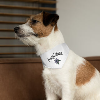 Dog wearing the Signature Tattoo Flower Dog Collar Bandana in White. The Signature Tattoo Flower design features the word "beagletude" with a tattoo style flower under it. Comes with adjustable black collar.