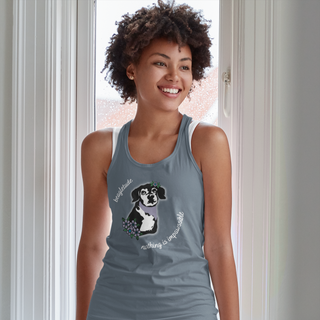 Signature Tattoo Flowers Women's Ideal Racerback Tank in Indigo. Shown is front of shirt with the Signature Tattoo Flowers design featuring a dog with flowers around it and the phrase "Beagletude" and "Nothing is Impawssible". Back of shirt features the Benefit Beagle Logo.