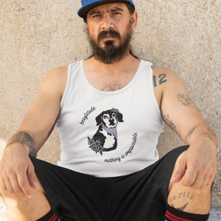 Signature Tattoo Flowers Unisex Jersey Tank in White. Shown is front of shirt with the Signature Tattoo Flowers design featuring a dog with flowers around it and the phrase "Beagletude" and "Nothing is Impawssible". Back of shirt features the Benefit Beagle Logo.