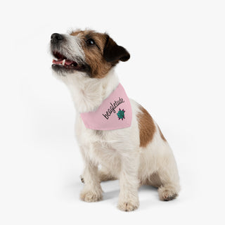 Dog wearing the Signature Tattoo Roses Dog Collar Bandana in Pink. The Signature Tattoo Roses design features the word "beagletude" with a tattoo style rose under it. Comes with adjustable black collar.