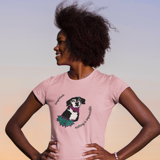 Signature Tattoo Roses Women's Premium Tee in Pink. Shown is front of shirt with the Signature Tattoo Roses design featuring a dog with roses around it and the phrase "Beagletude" and "Nothing is Impawssible". Back of shirt features the Benefit Beagle Logo.