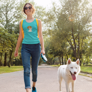 Easily Distracted Women's Racerback Tank in Tahiti Blue. Shown is front design featuring a dog waving with the saying "Easily Distracted by Dogs" below it. The back of shirt has the classic Benefit Beagle Logo.