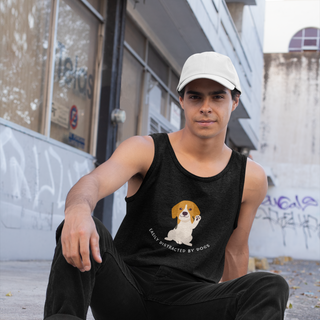 Easily Distracted Unisex Jersey Tank in Black. Shown is front design featuring a dog waving with the saying "Easily Distracted by Dogs" below it. The back of shirt has the classic Benefit Beagle Logo.