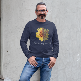 You are my Sunshine Unisex Crewneck Sweatshirt in Navy. Shown is the front showcasing a sunflower which is split down the middle and half is made out of paw prints. Underneath is the phrase "You are my Sunshine" . Back of shirt features the Sunflower Benefit Beagle Logo.