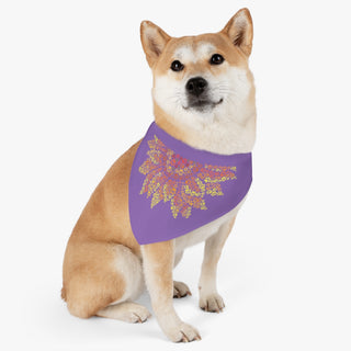 Dog wearing the You are my Sunshine Pet Bandana Collar in Purple. The You are my Sunshine design features half of a sunflower made out of little paw prints. Comes with adjustable black collar.