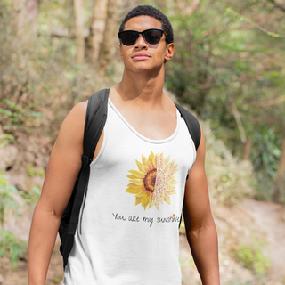 You are my Sunshine Unisex Jersey Tank in White. Shown is the front showcasing a sunflower which is split down the middle and half is made out of paw prints. Underneath is the phrase "You are my Sunshine" . Back of shirt features the Sunflower Benefit Beagle Logo.